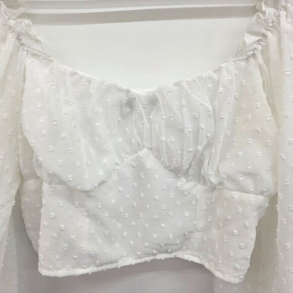 White Chiffon Swiss Dot Milkmaid Top Size L Lantern Sleeve Crop Ruched Bust - Picture 6 of 12